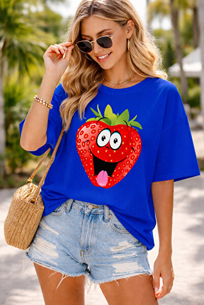 ArtYus Cartoon Strawberry Printed Unisex Oversized T-Shirt - Fun Fruit Graphi...