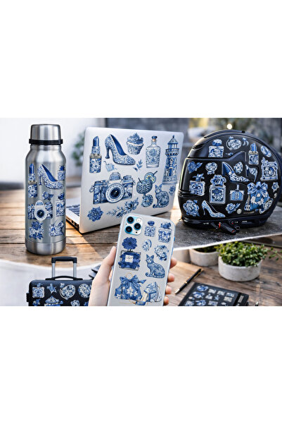 Limitless Design مجموعة ملصقات زرقاء جمالية - تصميم كولاج عتيق وأنيق |   22×3...