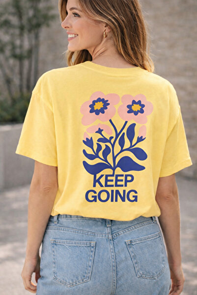 ArtYus Keep Going Text and Flower Printed Unisex Oversized T-Shirt – Back Pri...