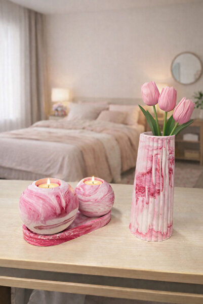 MorVilla Mermer Desenli 4 Parça Dekoratif Set - Vazo, 2'li Küre Mumluk ve Sun...