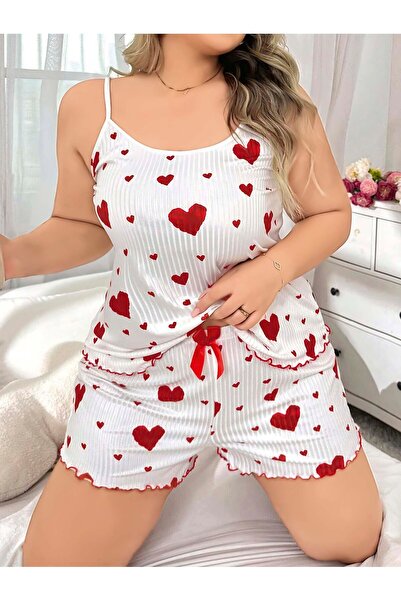 euro click Large Size Women's White Heart Patterned Strap Shorts Pajama Set C...