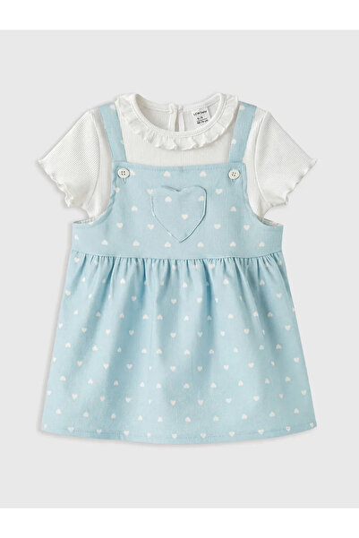 LC Waikiki فستان LCW بيبي بلو هارت منقوش للفتيات الصغيرات قماش غبردين