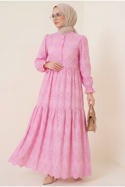 Modamorfo Rochie Robadan cu dantelă și detalii cu nasturi pe jumătate -roz