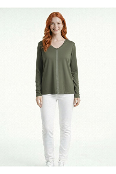 Neden Tekstil بلوزة نسائية بأكمام طويلة وياقة على شكل حرف V مزينة بالأحجار من...