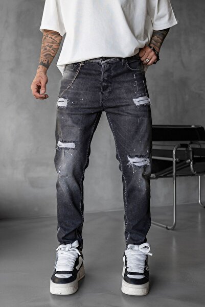 MODINI Slim fit jeans with chain, rips and splash effect (6745)