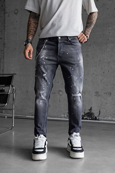 MODINI Slim fit jeans with chain, rips and splash effect (6722)