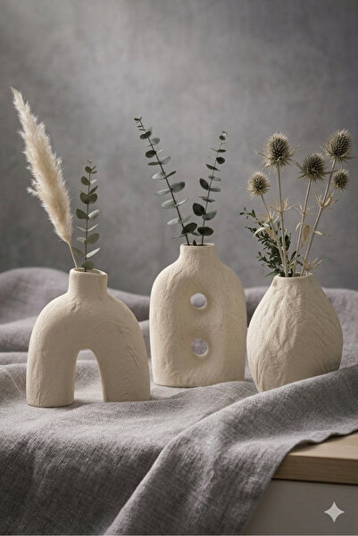 MERAM PRİNT Set de vaze decorative moderne texturat 3-in-1 – Aspect ceramic, ...
