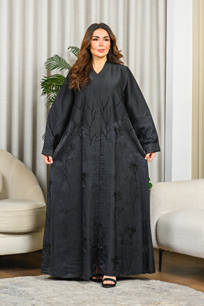 Nasnasa Abayat Plain taffeta abaya with a jacquard pattern and hand-beaded de...