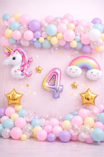 Laviyosa Unicorn Gökkuşağı Pastel Doğum Günü Balon Seti Zincir Yaş Balonlu Pa...