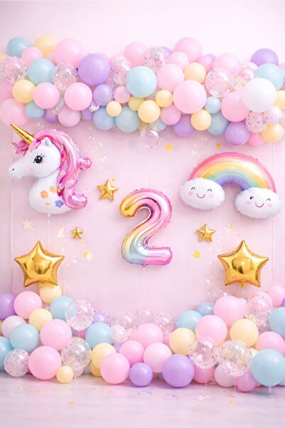 Laviyosa Unicorn Gökkuşağı Pastel Doğum Günü Balon Seti Zincir Yaş Balonlu Pa...