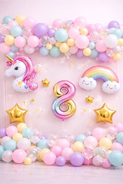 Laviyosa Unicorn Gökkuşağı Pastel Doğum Günü Balon Seti Zincir Yaş Balonlu Pa...