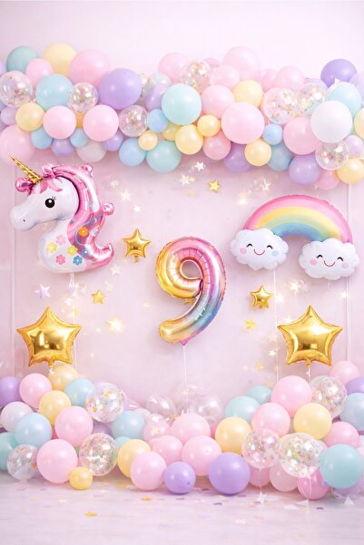 BKMC PARTY Unicorn Rainbow Pastel Birthday Balloon Set Chain Age Balloon Part...