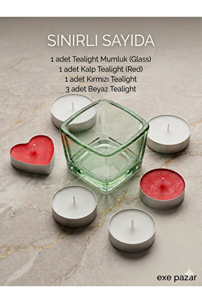 exemum EXEPAZAR Zarif Cam Mumluk ve 5'li Tealight Mum Seti – Romantik & Moder...