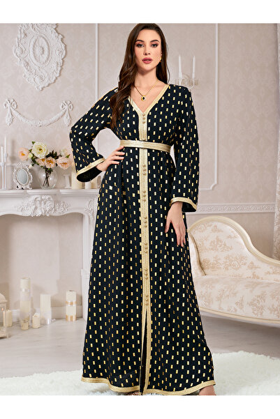 Madam Uniq Women's hot stamping geometric print loose long sleeved dress