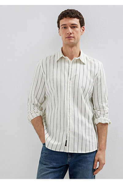 Mavi Grün gestreiftes Hemd aus Leinenmischung, normale Passform 0211380-71599