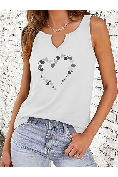 Deocept Γυναικείο μπλουζάκι Heart με τύπωμα με μισό V-λαιμόκοψη, αμάνικο, καν...
