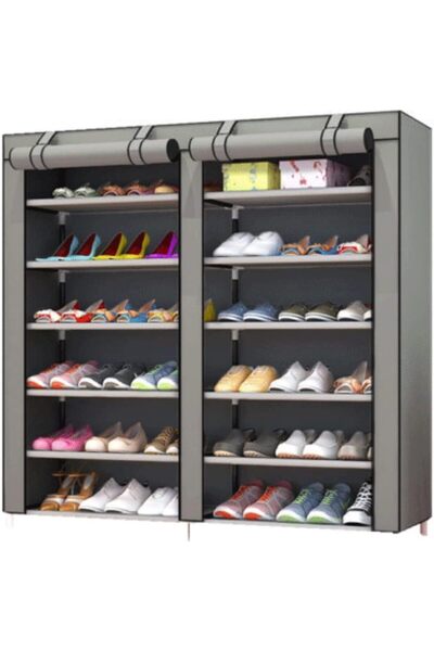 Arabest خزانة أحذية رمادية بستة أرفف، غطاء من قماش غير منسوج مزدوج الصفوف، تت...