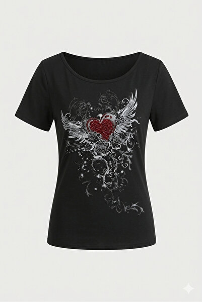 Köstebek Black Rose Red Heart Madonna Collar Short Sleeve Blouse