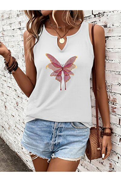 Deocept Γυναικείο μπλουζάκι με λευκό στάμπα, με μισό V-λαιμόκοψη, αμάνικο, κα...