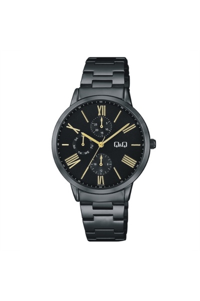 Q&Q Multifunction watch AA37J408Y, black, gold indexes, 38mm case, steel brac...