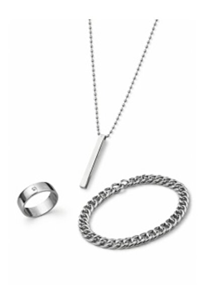 OutfitModa Set Bijuterii Bărbați Argintiu – Brățară Cuban + Colier + Inel, Ca...