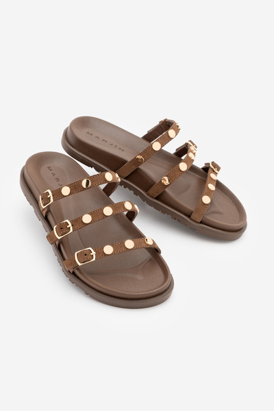 Marjin Papuci de damă din piele naturală, cu trei benzi și ținte, Zoven, din ...