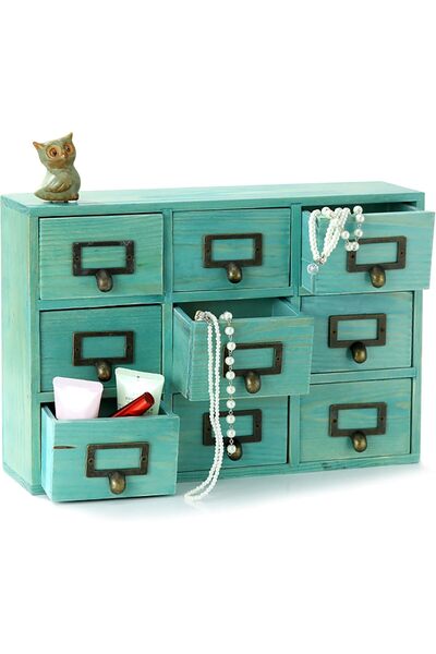 Arabest Teal Wooden Drawer Organizer for Desktop - Vintage Apothecary Cabinet...