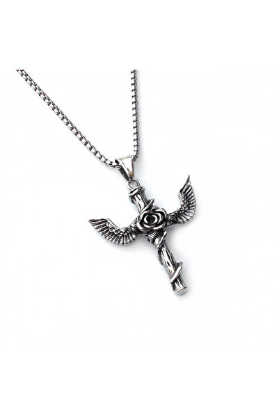 EFAYN.RO Lant unisex, pandantiv cu trandafir si aripi in forma de cruce, argi...