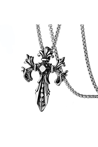 EFAYN.RO Lant model gotic, pandantiv cruce cu cristal, unisex, negru, EFAYN