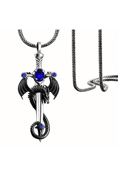 EFAYN.RO Gothic chain with sword and dragon pendant, fantasy mythological mod...
