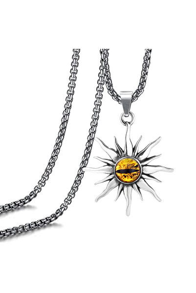 EFAYN.RO Unisex chain, sun pendant, glass evil eye pattern, silver with yello...