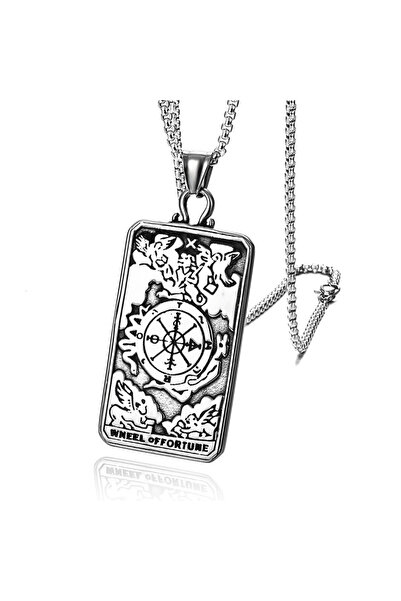 EFAYN.RO Lant Wheel of Fortune, cu pandantiv carte de tarot, unisex, argintiu...