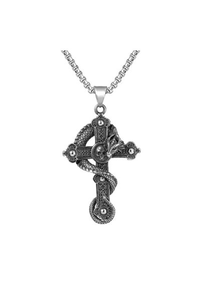 EFAYN.RO Lant cu pandantiv cruce si dragon, unisex, argintiu, EFAYN