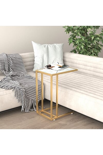 Concept Masă laterală de calculator, alb marmură, 50x35x65 cm, sticlă