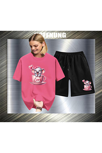 HOFFNUNG Unisex Casual Short Sleeve Set with Love Elephant Print Outdoor Spri...