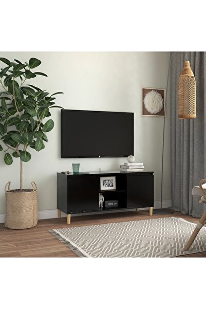 Concept Comodă TV, picioare lemn masiv, negru, 103,5x35x50 cm