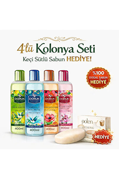 Doruk Premium Kolonya Seti – 4’lü Avantaj Paketi (400 ml x 4) + Keçi Sütlü Sa...