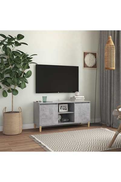 Concept Έπιπλο τηλεόρασης, πόδια από μασίφ ξύλο, γκρι τσιμεντί, 103,5x35x50 εκ.