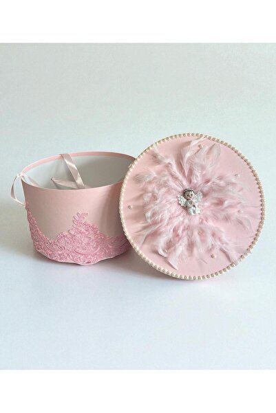 Your Baby Store Cufar cutie botez – roz , model ingeras cu pene si dantela