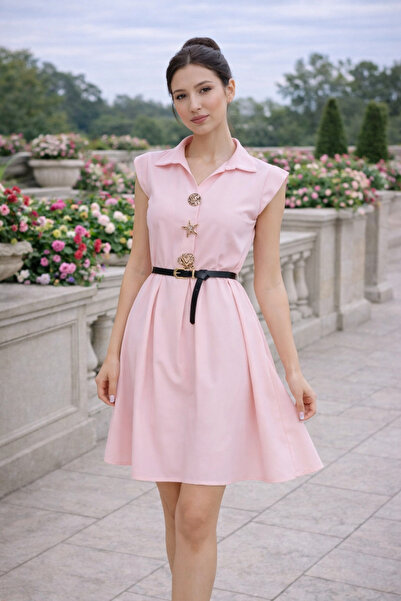 Divin store Elegant pastel pink dress with gold buttons and black Belt