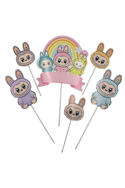 OEM Decoratiune topper tort carton, tematica desene Labubu, aniversare - 6 piese