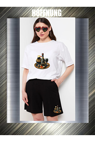 HOFFNUNG Unisex Casual Short Sleeve Set with Black Drinks Print Outdoor Sprin...