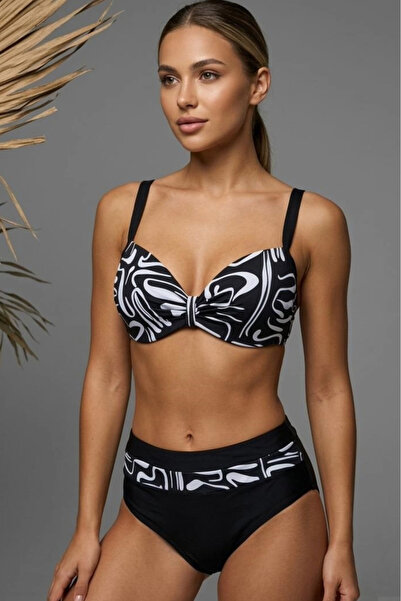 embody Elegant Two-Piece High Waist Black and White Abstract Print Black and ...