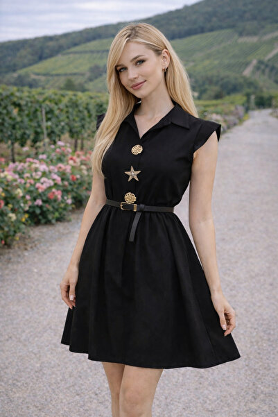 Divin store Elegant black dress with gold buttons and black Belt
