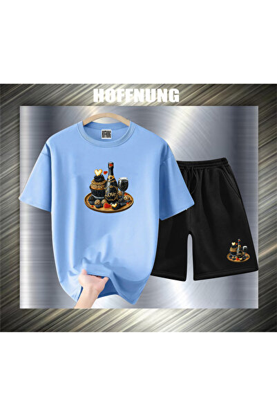 HOFFNUNG Unisex Casual Short Sleeve Set with Black Drinks Print Outdoor Sprin...