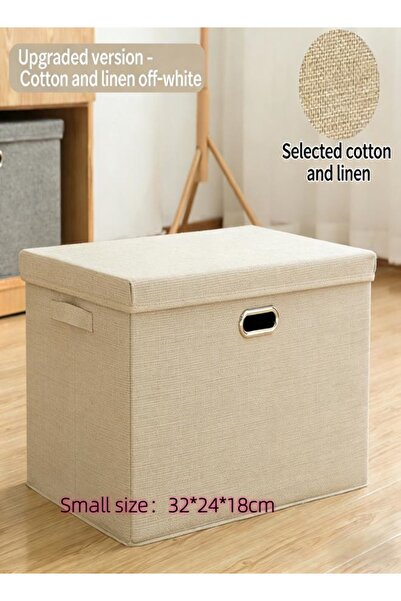 Generic Beige cotton and linen foldable storage box with lid, suitable for st...