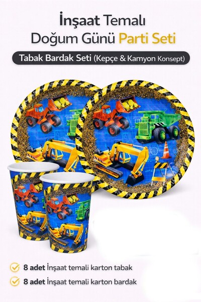 Laviyosa İnşaat Temalı Doğum Günü Seti Tabak Bardak Kepçe & Kamyon Figürlü Ta...