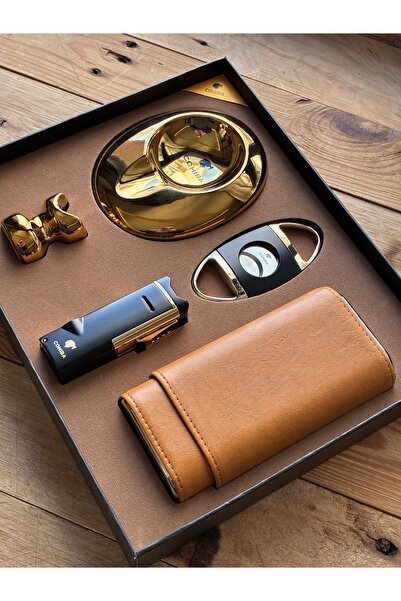 COHİBA Puro Elegant Set Logolu Kesici Çakmak Ayaklık Küllük Taşıma Kılıfı Şık...