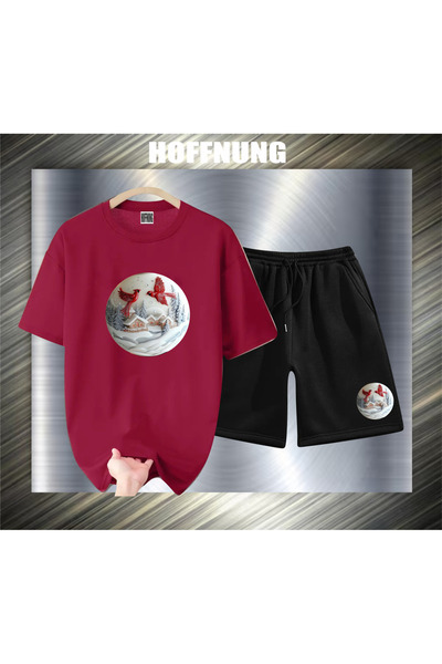 HOFFNUNG Set casual unisex cu mânecă scurtă, cu imprimeu cu 2 păsări roșii, p...