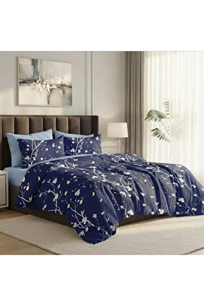 Pucioasa Lenjerie de pat dublu finet 6 piese, Albastra cu flori